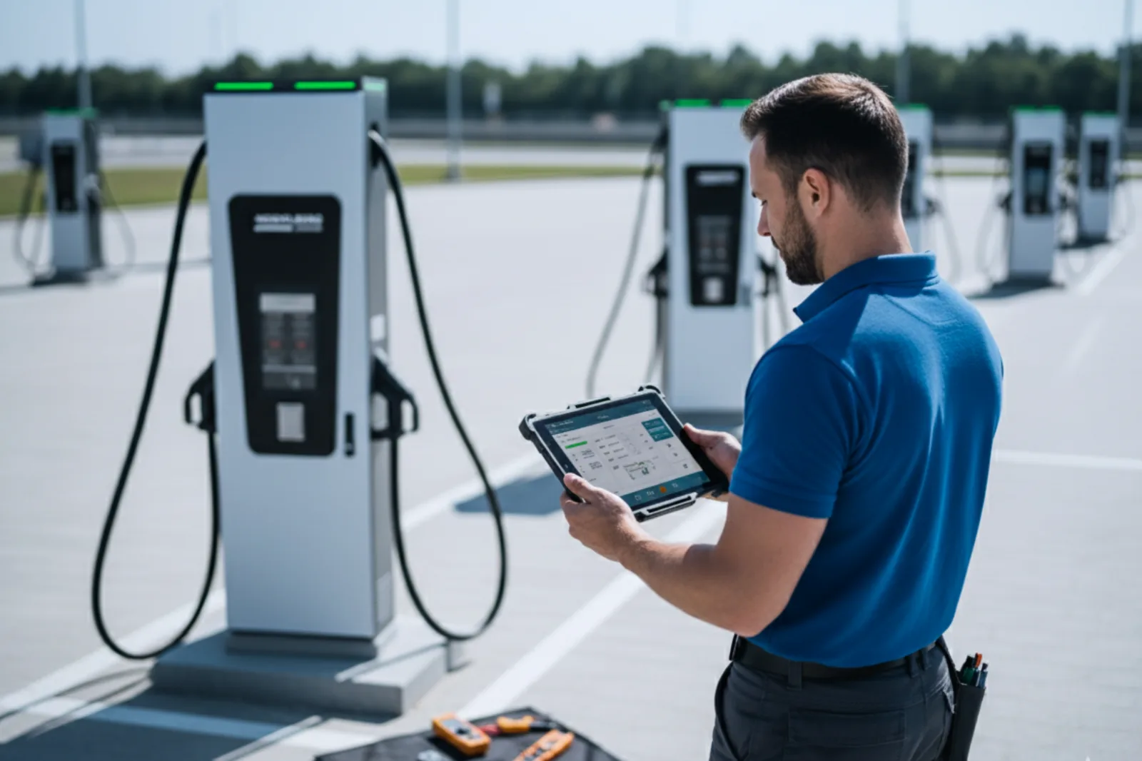 Technik sprawdza na tablecie dane z pracy punktów ładowania przy dystrybutorach Dynamic DC
